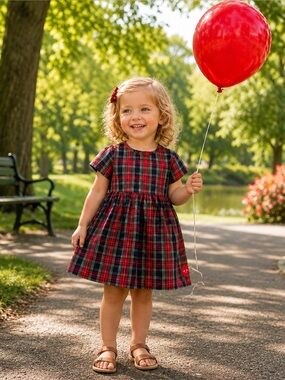 Smiling Button Girls Red & Green Plaid Short Sleeve Cotton Dress, Size 3T
